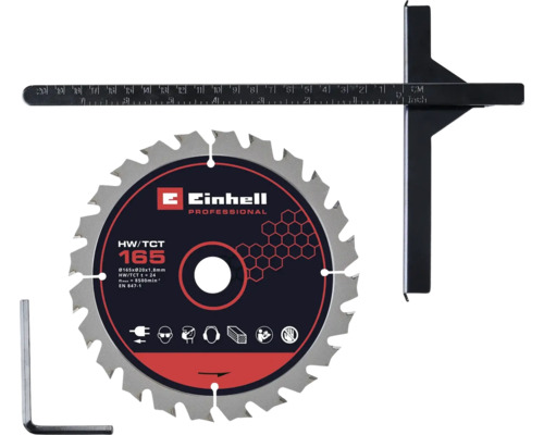 Pilový kotouč Einhell Professional o průměru 165 milimetrů s paralelním dorazem a šestihranným klíčem.