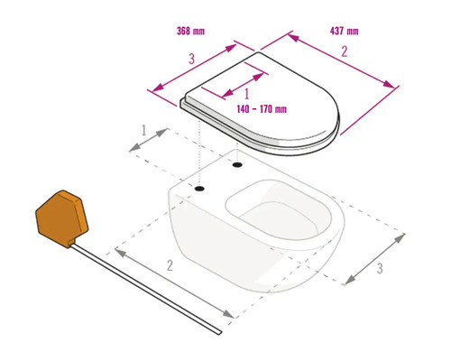 Rozměrový náčrt pro záchodové sedátko s údaji o šířce a délce a roztečí otvorů 140 až 170 milimetrů.