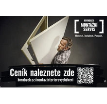 Hornbach Logo, muž nesoucí interiérové dveře a zárubeň, reklama na montážní servis s QR kódem a odkazem na ceník.