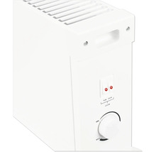 Bílý konvektor se dvěma spínači pro 750 Watt a 1250 Watt a plynulým regulátorem termostatu.