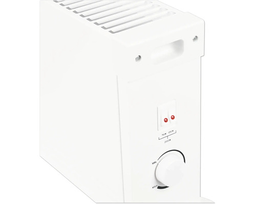 Bílý konvektor se dvěma spínači pro 750 Watt a 1250 Watt a plynulým regulátorem termostatu.