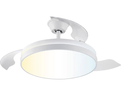 Kulatý stropní ventilátor s integrovaným LED osvětlením a výsuvnými lopatkami, bílý.