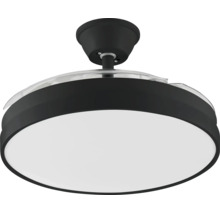 Moderní stropní ventilátor s integrovaným LED svítidlem, černým pouzdrem, bílým difuzorem a výsuvnými plastovými lopatkami.