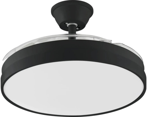 Moderní stropní ventilátor s integrovaným LED svítidlem, černým pouzdrem, bílým difuzorem a výsuvnými plastovými lopatkami.