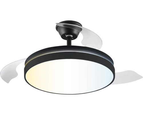 Moderní stropní ventilátor s LED osvětlením, kulaté černé pouzdro a průhledné lopatky.