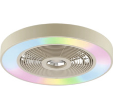 Moderní kulatý stropní ventilátor s integrovaným RGB LED osvětlením a kruhovou mřížkou.