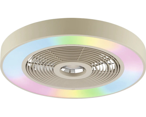 Moderní kulatý stropní ventilátor s integrovaným RGB LED osvětlením a kruhovou mřížkou.