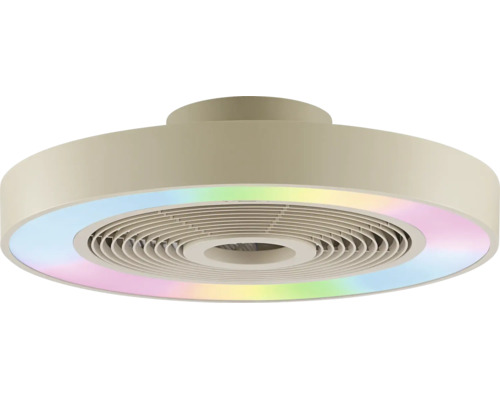Plochý, kulatý stropní ventilátor s integrovaným LED světelným prstencem v duhových barvách a skrytými lopatkami.