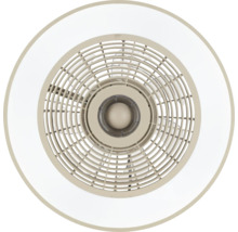 Kulatý stropní ventilátor s integrovaným LED osvětlením a kruhovou ochrannou mřížkou, pohled zdola.