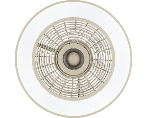 Kulatý stropní ventilátor s integrovaným LED osvětlením a kruhovou ochrannou mřížkou, pohled zdola.