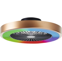 Kulatý bronzový stropní ventilátor s černým držákem, integrovaným LED osvětlením a funkcí změny barev.