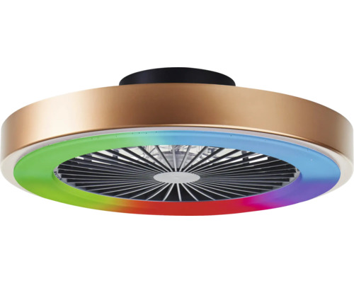 Kulatý bronzový stropní ventilátor s černým držákem, integrovaným LED osvětlením a funkcí změny barev.