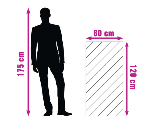 Porovnání velikosti osoby o výšce 175 centimetrů a obdélníkového objektu o rozměrech 120 na 60 centimetrů.