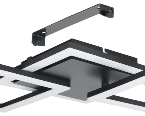 LED stropní svítidlo s čtvercovými prvky a kovovým montážním držákem.