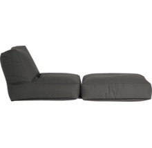 Sada relaxačního křesla skládající se ze sedacího vaku s opěradlem a ladící podnožky z šedé látky.