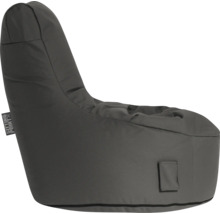 Šedý sedací vak ve tvaru křesla s vysokým opěradlem a boční kapsou. Sitting Point Logo.