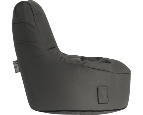 Šedý sedací vak ve tvaru křesla s vysokým opěradlem a boční kapsou. Sitting Point Logo.