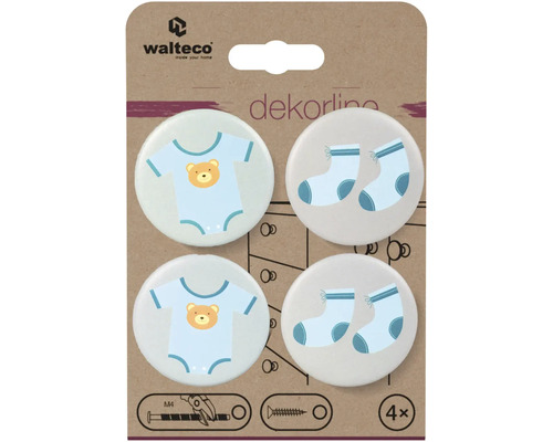 Walteco Logo. Sada 4 kulatých nábytkových knoflíků Dekorline, motivy s dětským bodýčkem a medvídkem a ponožkami, včetně šroubů M4.