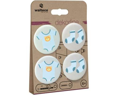Walteco Logo, nábytkové knoflíky dekorline, sada 4 kulatých nábytkových knoflíků s motivy dětské body s medvídkem a ponožky.