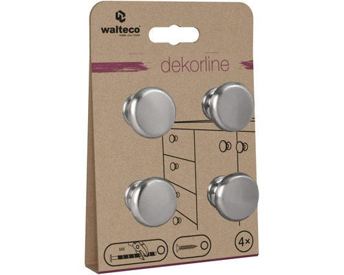Sada čtyř kulatých nábytkových knoflíků z kovu na kartonovém obalu včetně šroubů M4, Walteco Logo.