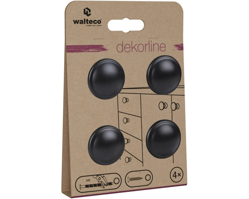 Walteco Logo, 4 kulaté černé nábytkové knoflíky dekorline na kartonovém obalu, vhodné pro závit M4.