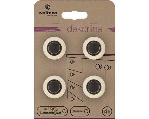 Walteco Logo. Čtyři kulaté nábytkové knoflíky dekorline, bronz a krém.