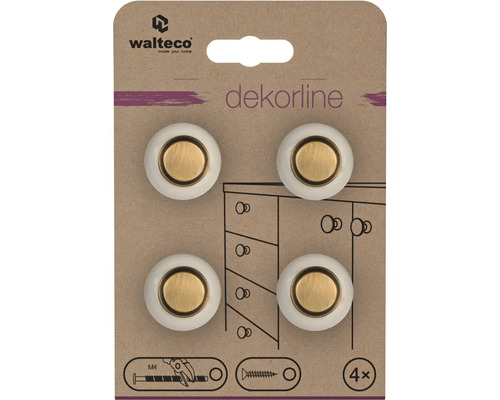 Sada 4 nábytkových knoflíků Walteco Dekorline, kulaté, bílý porcelán s mosaznou vložkou. Walteco Logo.