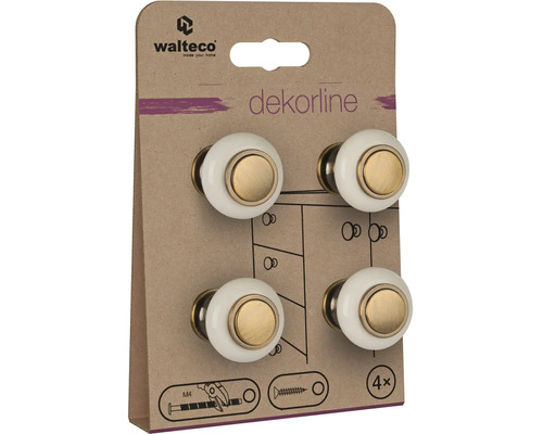Sada 4 nábytkových knoflíků Walteco dekorline z bílé keramiky a mosazi, kulaté, včetně šroubů M4.