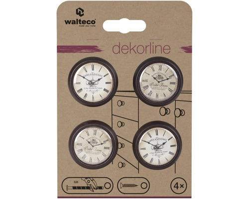 Nábytkové knoflíky Walteco dekorline, sada 4 kusů, design vintage hodiny, kulaté s římskými číslicemi.