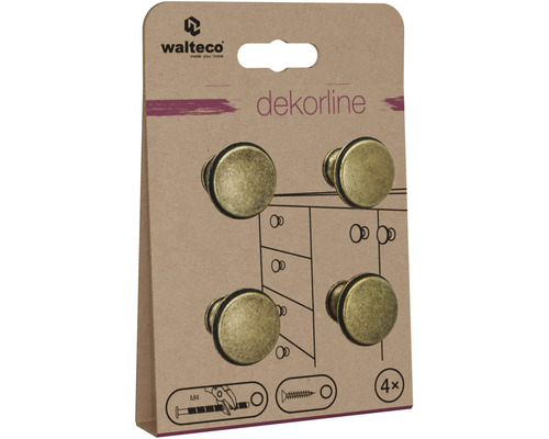 Logo Walteco, čtyři kulaté nábytkové knoflíky v antickém designu v balení.