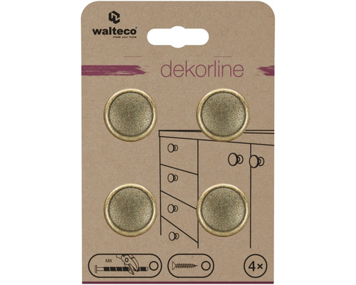 Walteco Logo, dekorline, čtyři kulaté nábytkové knoflíky v antickém stylu se strukturovaným povrchem na kartonovém obalu.