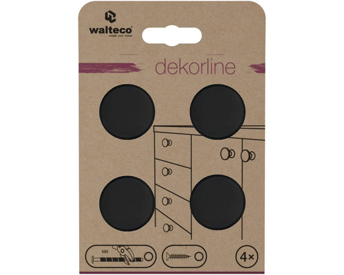Walteco Logo. Čtyři kulaté černé nábytkové knoflíky z řady Dekorline. Vhodné pro šrouby M4. Balení se čtyřmi kusy.