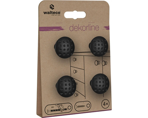 Nábytkové knoflíky Walteco Dekorline, sada 4 kusů, černé, tečkovaná struktura, pro šrouby M4.
