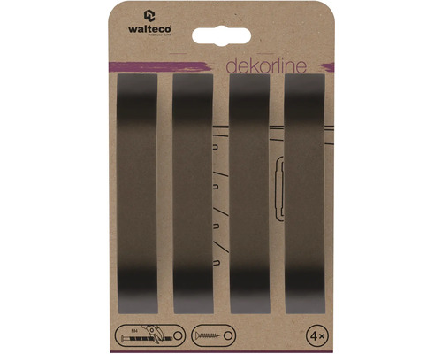 Walteco Logo, čtyři ploché kovové nábytkové úchytky na skříňky, včetně šroubů M4, série dekorline.