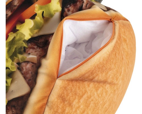 Polštář ve tvaru hamburgeru se zipem a vnitřní podšívkou.