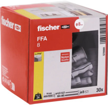fischer Logo, nylonové hmoždinky FFA 8, průměr 8 milimetrů, délka 50 milimetrů, nosnost 24 kilogramů, 30 kusů, kvalita nylonu.