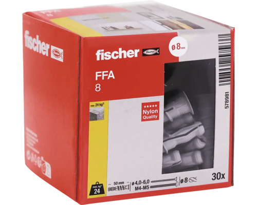 fischer Logo, nylonové hmoždinky FFA 8, průměr 8 milimetrů, délka 50 milimetrů, nosnost 24 kilogramů, 30 kusů, kvalita nylonu.