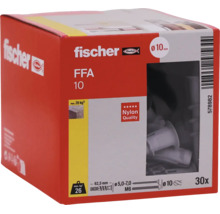 Nylonové hmoždinky Fischer FFA 10 v balení po 30 kusech, průměr 10 milimetrů, délka 62,5 milimetrů, maximální nosnost 26 kilogramů.