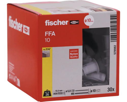 Nylonové hmoždinky Fischer FFA 10 v balení po 30 kusech, průměr 10 milimetrů, délka 62,5 milimetrů, maximální nosnost 26 kilogramů.