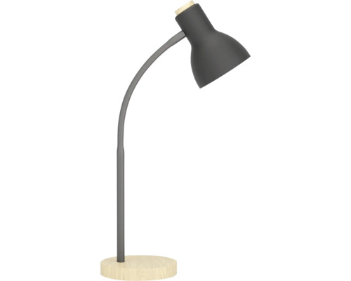 Tmavě šedá stolní lampa se zahnutým kovovým ramenem, zvonovitým stínidlem a kulatou dřevěnou základnou.