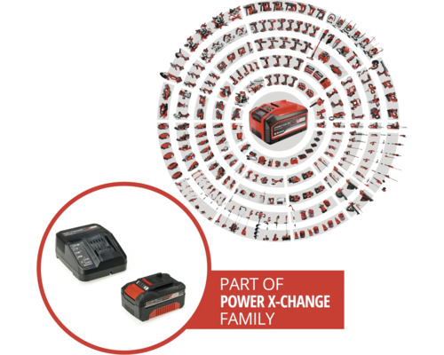 Přehled rodiny Einhell Power X-Change s širokou škálou kompatibilního nářadí a zahradní techniky pro 18 voltový akumulátorový systém.