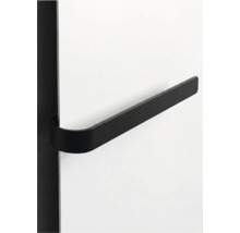 Černý kovový věšák na ručníky v minimalistickém designu pro boční montáž na radiátory nebo panely.
