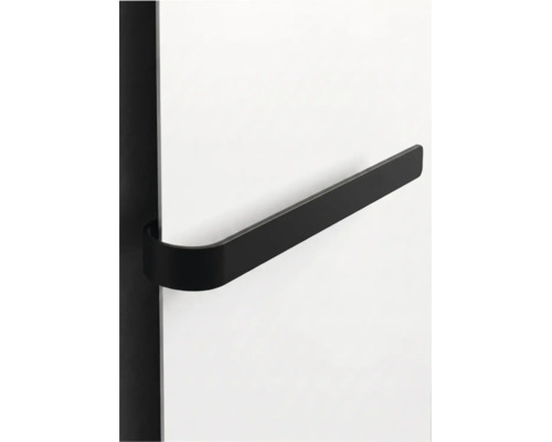 Černý kovový věšák na ručníky v minimalistickém designu pro boční montáž na radiátory nebo panely.