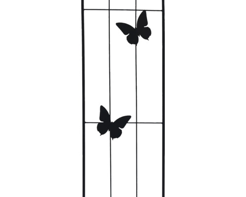 Černá kovová mříž na popínavé rostliny se dvěma dekorativními motýly.