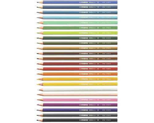 Pastelky Stabilo GREENcolors v sadě s 24 kusy, šestihranné tužky z FSC certifikovaného dřeva s bílými pruhy.