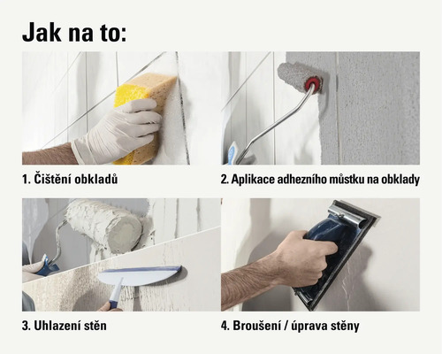 Čtyři kroky přípravy stěny: čištění obkladů, aplikace adhezního můstku, vyhlazení a broušení stěny.