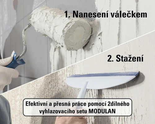 Dvoukrokový proces s vyhlazovacím setem MODULAN: nejprve nanesení hmoty válečkem, poté zahlazení širokou špachtlí.