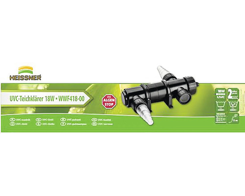 Logo Heissner. UVC čistič jezírek WWF418-00 s výkonem 18 Wattů. Stop řasám, pro jezírka do 20.000 litrů a dvouletá záruka.