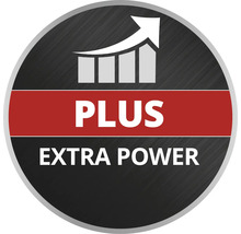 Symbol pro zvýšený výkon s textem Plus Extra Power a rostoucím sloupcovým grafem.