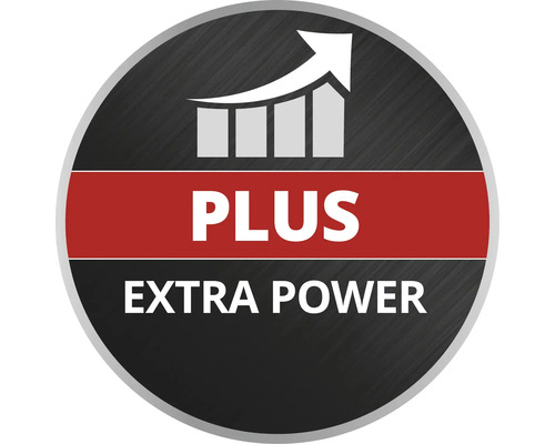 Symbol pro zvýšený výkon s textem Plus Extra Power a rostoucím sloupcovým grafem.